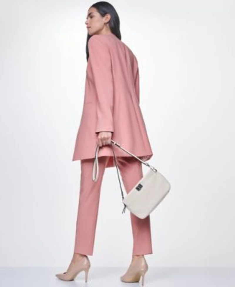 Calvin Klein Womens Long Sleeve Open Front Blazer Mid Rise Ankle Length Tapered Pants Crewneck Sleeveless Blouse With Slip