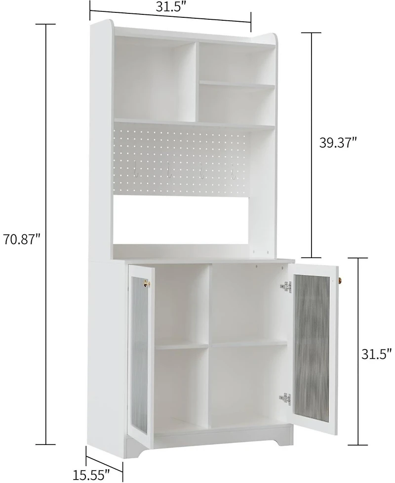 gaomon Pantry Cabinet 6 Tier Freestanding Tall Cupboard Storage Unit with Pegboard 2 Cabinets Open Shelves Glass Doors