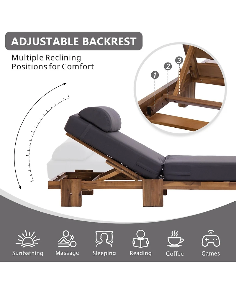 Rainsken 78.8'' Outdoor Chaise Lounge Chair, Acacia Wood Reclining Chair with Headrest, Retractable Side Tray and Adjustable Backrest for Beach