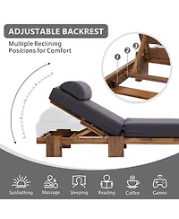 Rainsken 78.8'' Outdoor Chaise Lounge Chair, Acacia Wood Reclining Chair with Headrest, Retractable Side Tray and Adjustable Backrest for Beach