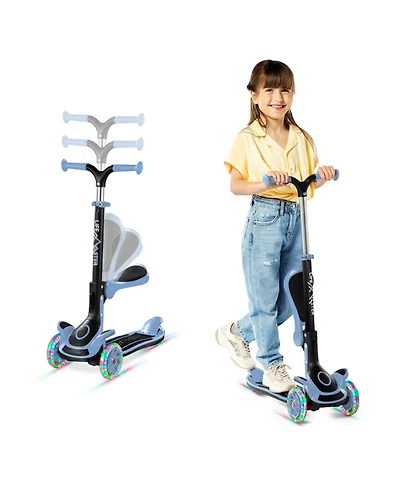 Lifemaster 3-Wheel Kids Scooter with Foldable Seat, Adjustable Handlebar, Lean-to-Steer Design, Led Light-Up Wheels, Wide Anti-Slip Deck