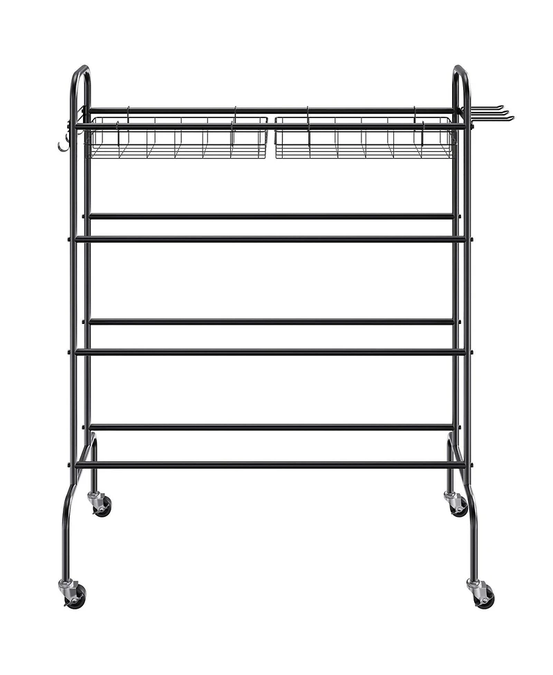 Mecale 4-Tier Rolling Basketball Rack with Wheels, Hooks & Baskets, Sports Equipment Storage Organizer for Garage, Balls & Gear