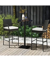 Gymax Set of 2 Wicker Bar Stools Set Outdoor High Back Bar Counter Chairs w/ Cushions
