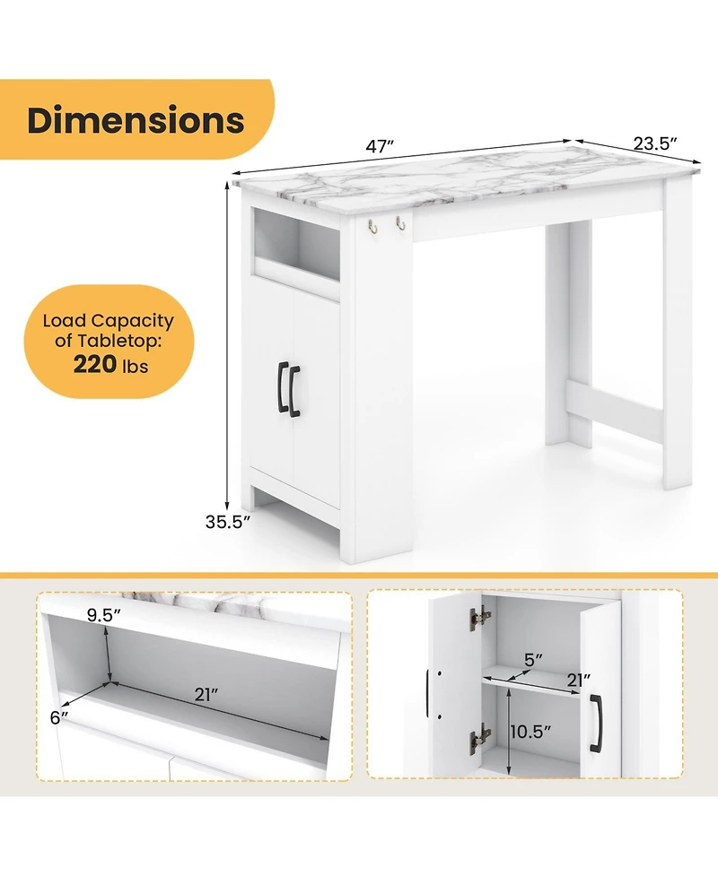Sugift Faux Marble Bar Table with Hanging Hooks and Storage