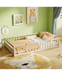 Costway Twin Size Floor Bed with Door & Fence with Safety Guardrails & Slats Support