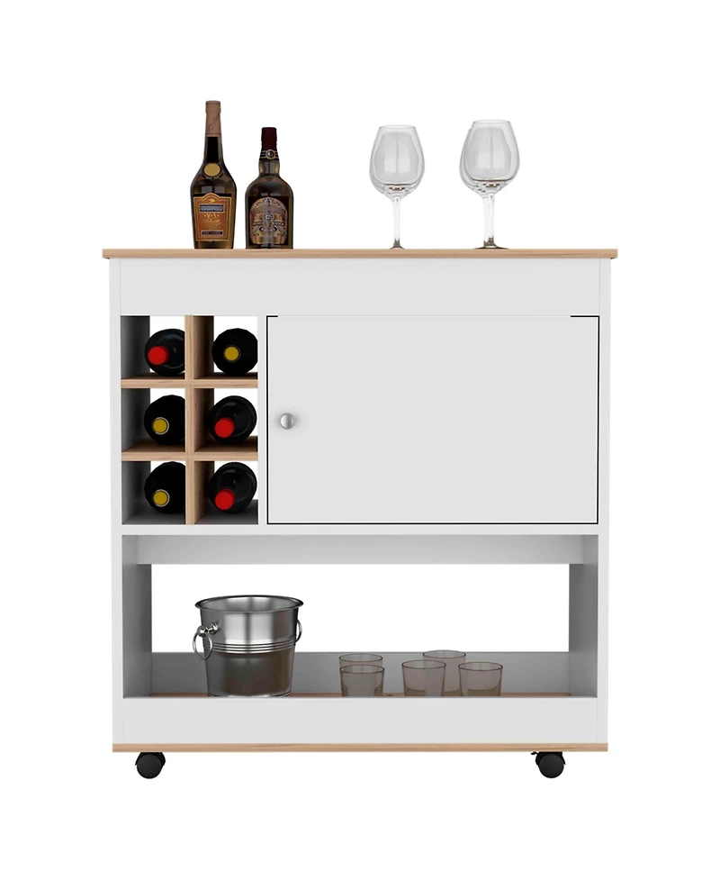 Flynama Light Oak/White Bar Cart with 6 Bottle Cubbies, 1 Cabinet and 4 Casters