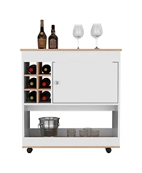 Flynama Light Oak/White Bar Cart with 6 Bottle Cubbies, 1 Cabinet and 4 Casters