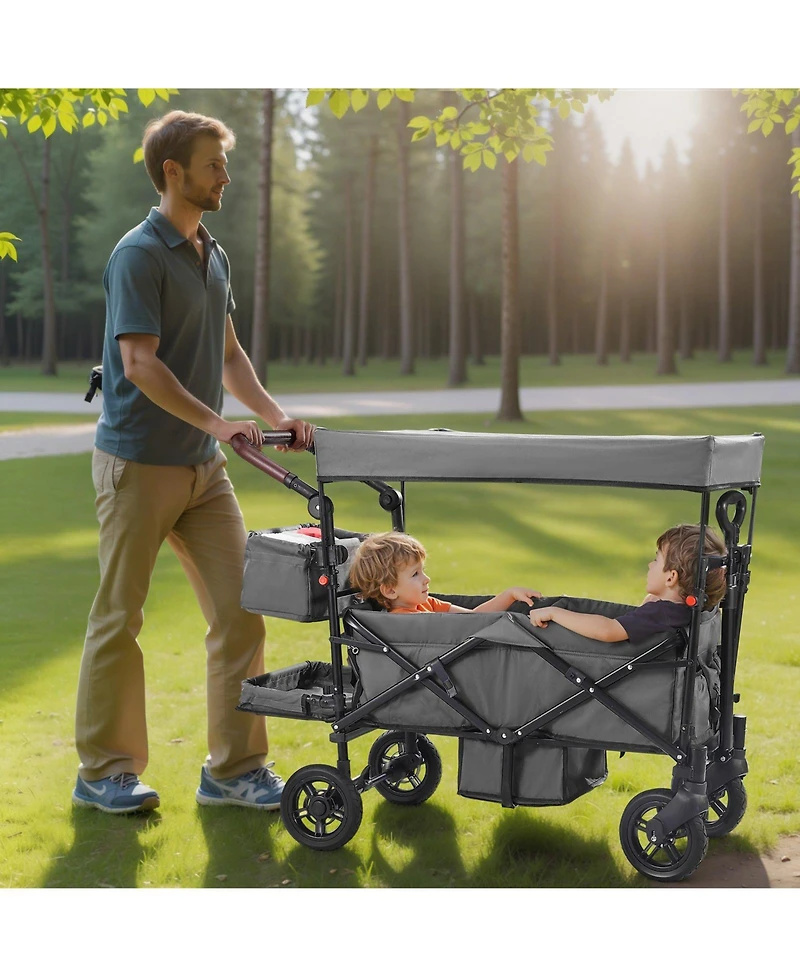 Mecale Wagon Stroller for 2 Kids, Collapsible Push Pull Quad Stroller with Adjustable Handle, Harness, Removable Canopy