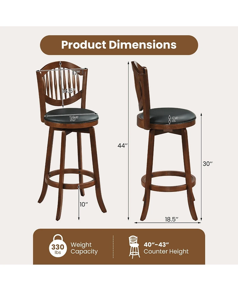 Sugift Swivel Bar Stools Set of 2 with Backrest and Wood Frame-30 Inches