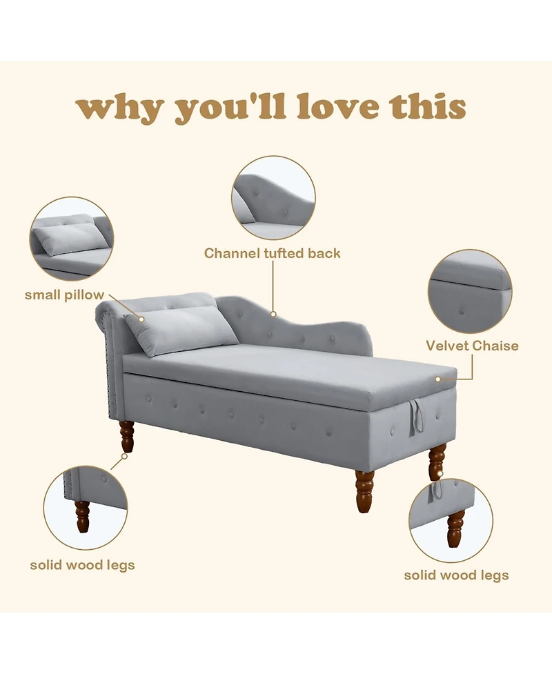 Rainsken Velvet Upholstered Chaise Lounge Chair, Modern Rolled Armrest Accent Chair with Hidden Storage, Nailhead Trim and Pillow for Living Room