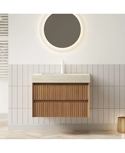 Sillysis Floating Bathroom Vanity with Roma Travertine Sintered Stone Top, Solid Wood Drawer, Plywood Cabinet, Pre-assembled