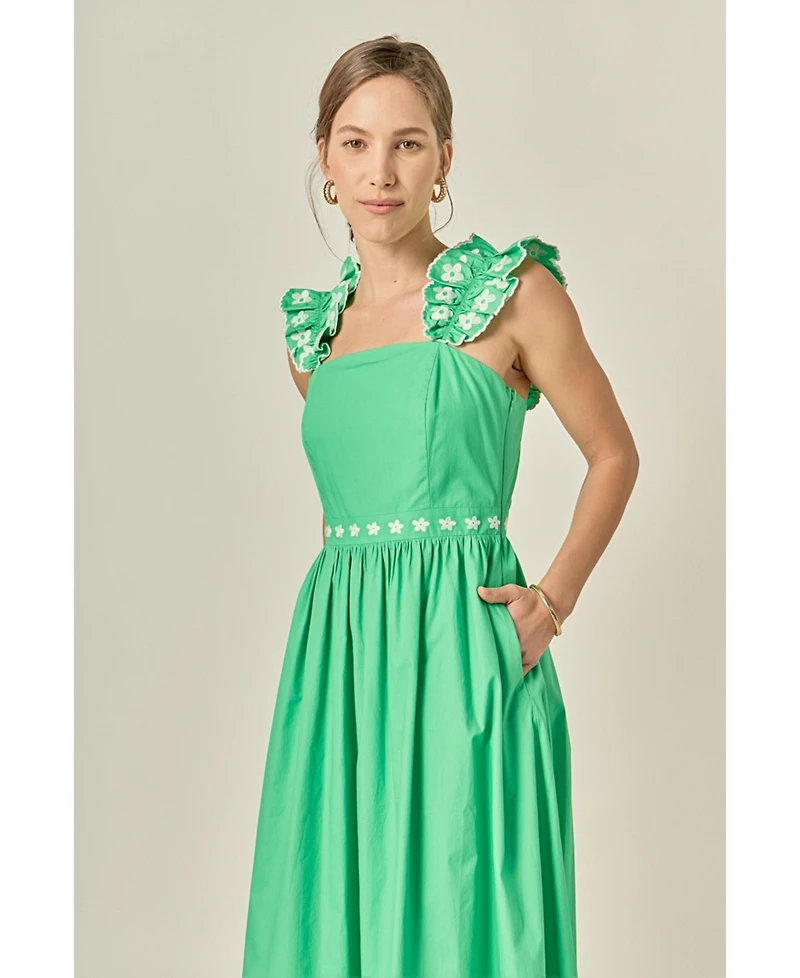 English Factory Women's Flower Embroidered Ruffle Midi Dress