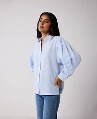 Reistor Women's Long Balloon Sleeves Striped Shirt