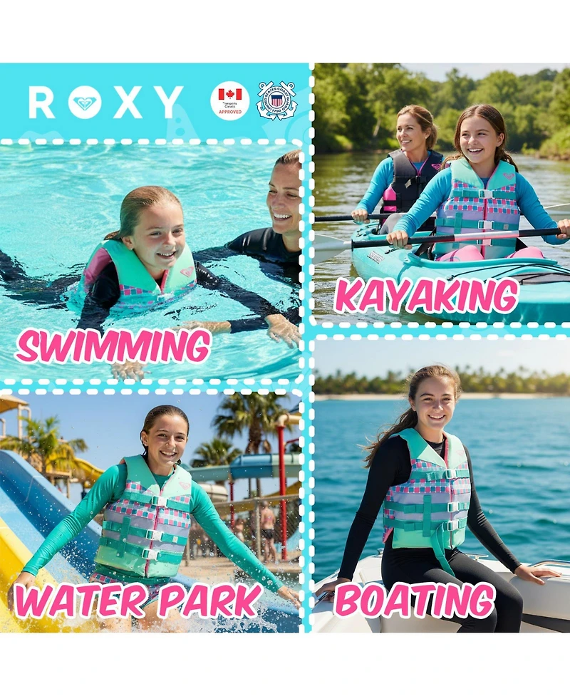 Roxy Uscg Approved Teen and Youth Life Vest Pfd, Light-Weight Epe Foam, Three Belts with Quick-Release Buckles for Fishing, Boating and Kayaking