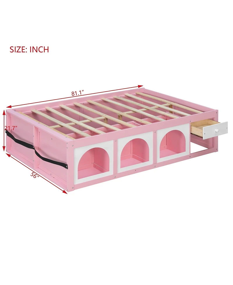 Rainsken Modern Wooden Full Size Platform Bed Frame for Kids Teens, Integrated with Bookshelf, Side Display Cabinet, Led Lighting and Storage Drawer