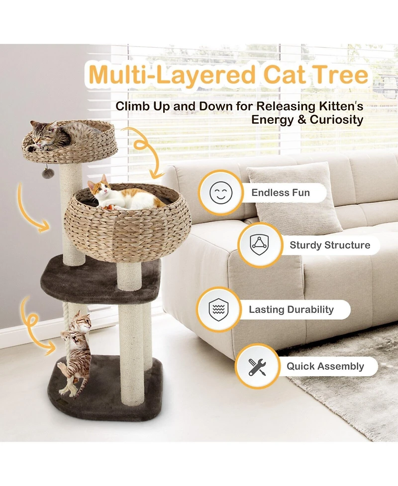 Cozito Cat Tree Rattan Tower with Napping Perch Sisal