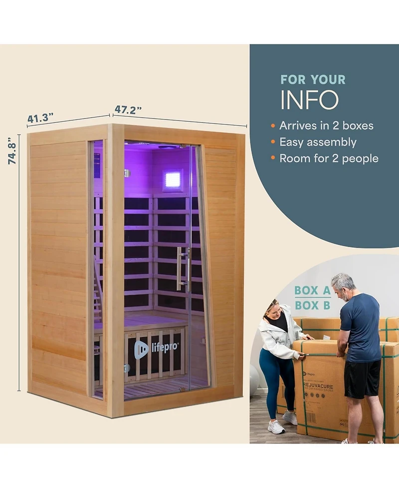 Lifepro Infrared Sauna for Home - 2 Person Indoor Low Emf Full Spectrum Sauna with Red Light Therapy, Hemlock Wood, Bluetooth & Chromotherapy