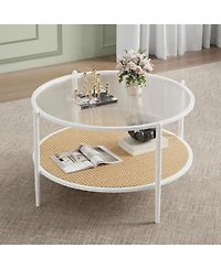 gaomon Round Coffee Table, 2-Tier Tea Table with Rattan Storage Shelf, Tempered Glass Tabletop, Boho Cocktail Tables Modern Center Table