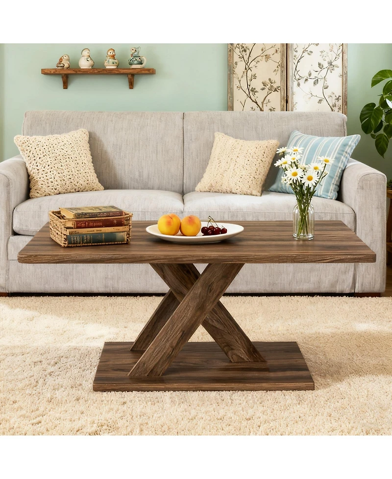 Sugift 37.5 Inch Rectangular Coffee Table with Stable Base and Rubber Wood Connection for Living Room