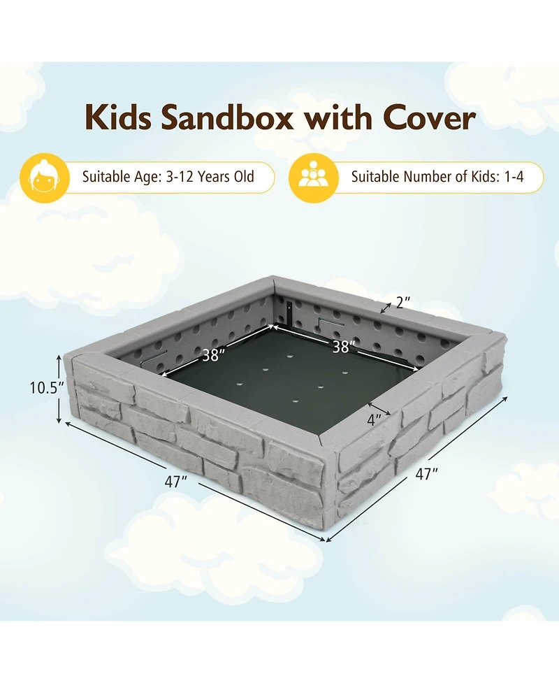 Costway Kids Sandbox with Cover Bottom Liner Backyard Beach Hdpe Sandpit for Outdoor Play