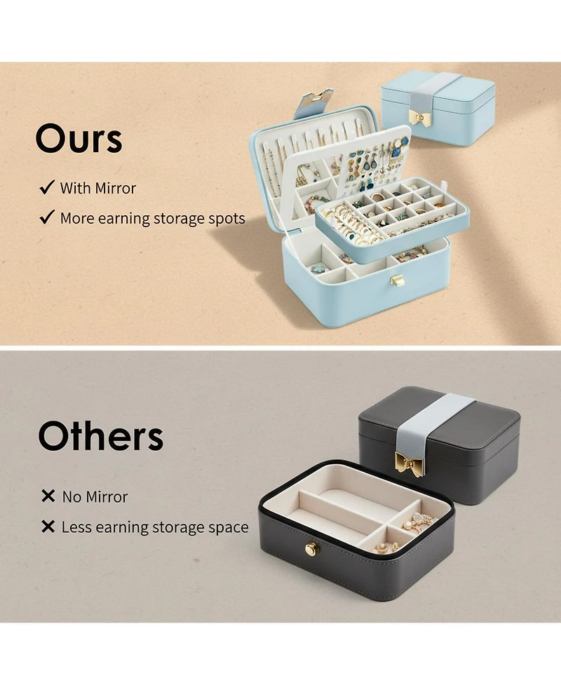 Yigii 2 Layer Jewelry Organizer Box with Bow Clasp Mirror Storage for Earrings Rings Necklaces Gift