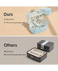 Yigii 2 Layer Jewelry Organizer Box with Bow Clasp Mirror Storage for Earrings Rings Necklaces Gift