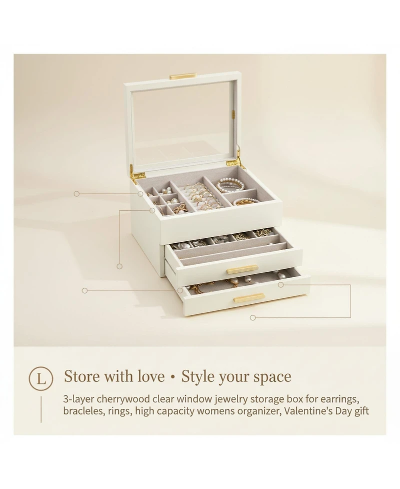 Yigii 3-Layer Clear Window Wood Grain Jewelry Organizer Box for Earrings Bracelets Necklaces Rings High Capacity Storage Gift