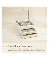 Yigii 3-Layer Clear Window Wood Grain Jewelry Organizer Box for Earrings Bracelets Necklaces Rings High Capacity Storage Gift