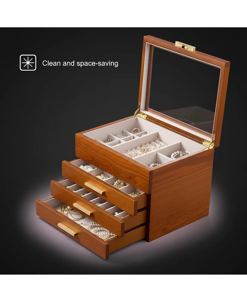 Yigii 3-Layer Clear Window Wood Grain Jewelry Organizer Box for Earrings Bracelets Necklaces Rings High Capacity Storage Gift