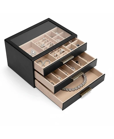 Yigii 3-Layer Organizer with Drawers Glass Lid Display Storage Soft Pu Leather Exterior Contrast Metal Handles Refined Style