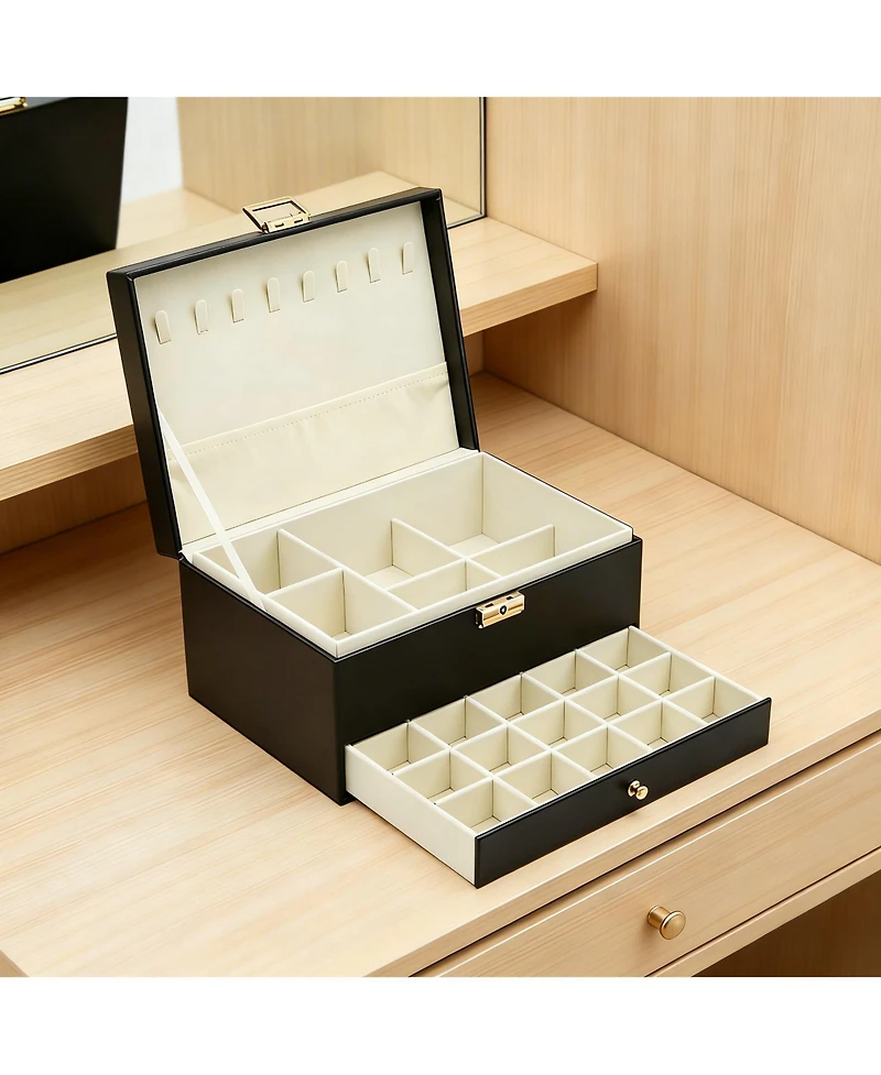 Yigii 3-Layer Faux Leather Jewelry Organizer Box Large Storage for Earrings Rings Necklaces Bracelets Watches