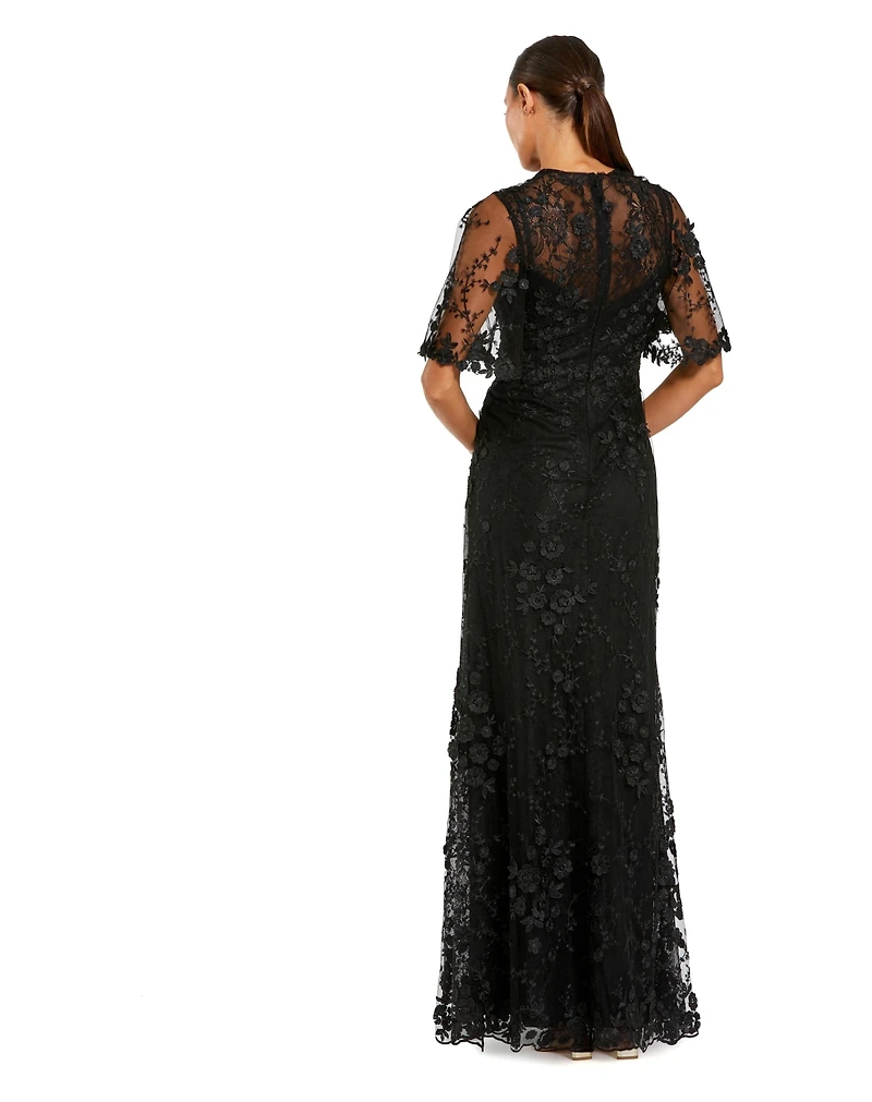 Mac Duggal Petite women's Flutter Sleeve Floral Embroidered Net Gown