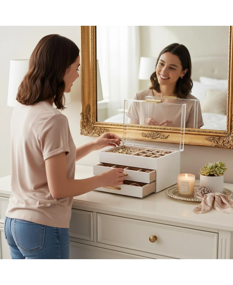 Yigii 3 Layer Acrylic Jewelry Organizer Clear Dustproof Storage Case with Drawers for Earrings Rings Necklaces