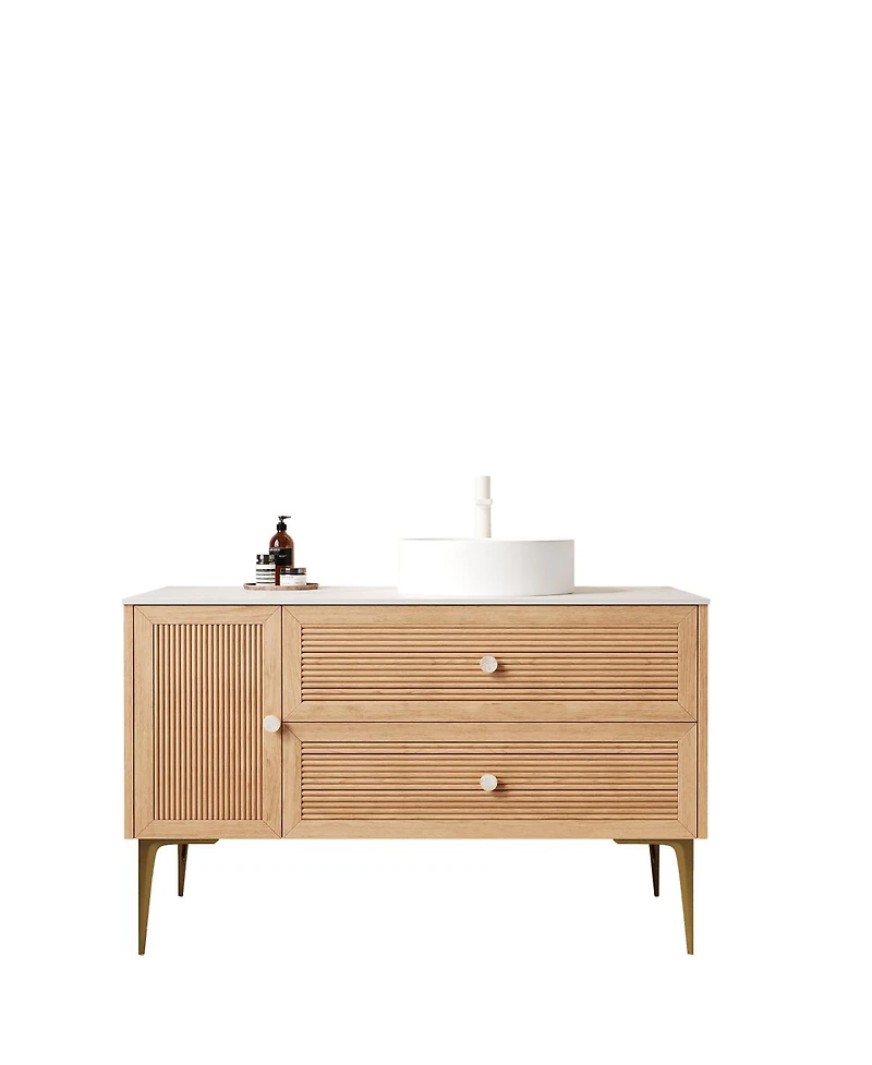 Sillysis Freestanding Bathroom Vanity with Round Ceramic Vessel Sink, Sintered Stone Top, Large Storage Drawers for Modern Spaces