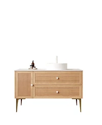 Sillysis Freestanding Bathroom Vanity with Round Ceramic Vessel Sink, Sintered Stone Top, Large Storage Drawers for Modern Spaces