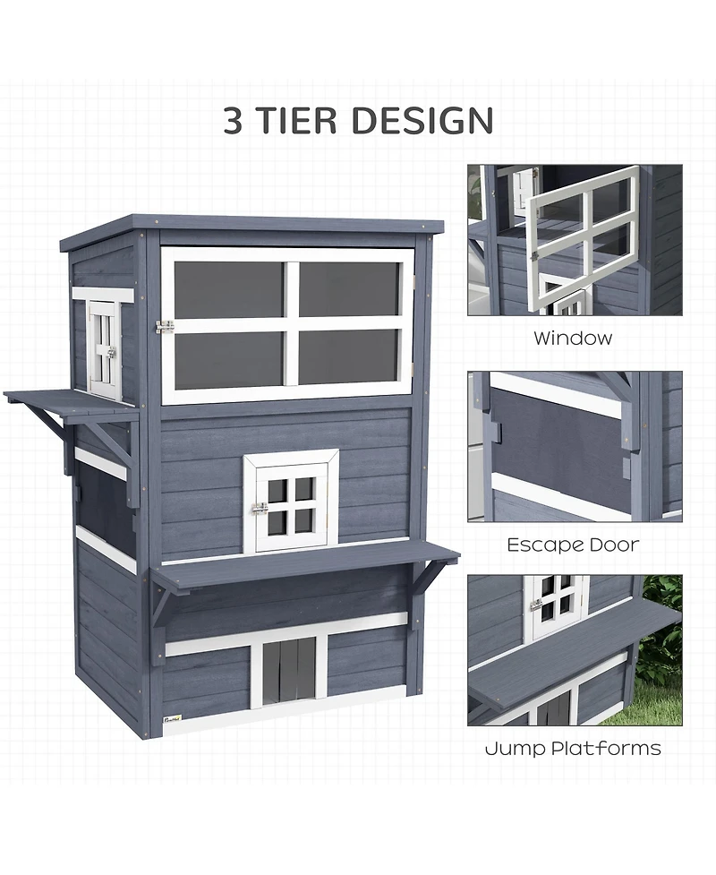 Aostirmotor 3-Story Outdoor Feral Cat House with Raised Floor, Asphalt Roof, Escape Doors and Jumping Platforms