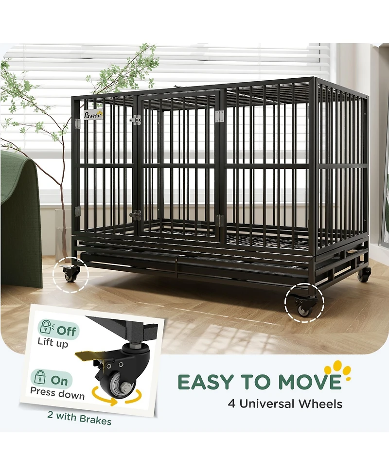 Aostirmotor 48" Heavy Duty Metal Dog Crate Kennel with Lockable Wheels, Double Door and Removable Tray