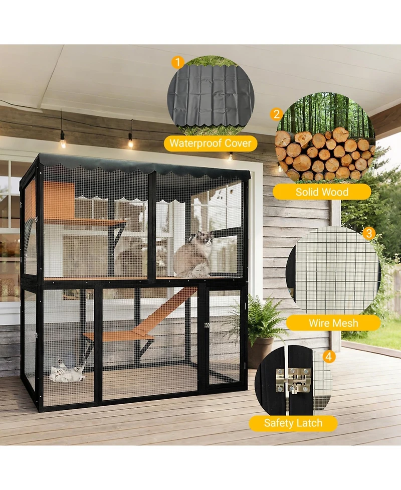 Aostirmotor Wooden Cat Enclosure, Large 4-Tier Catio for Multiple Cats, Indoor-Outdoor Cat House with Ramp