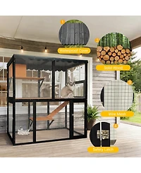 Aostirmotor Wooden Cat Enclosure, Large 4-Tier Catio for Multiple Cats, Indoor-Outdoor Cat House with Ramp