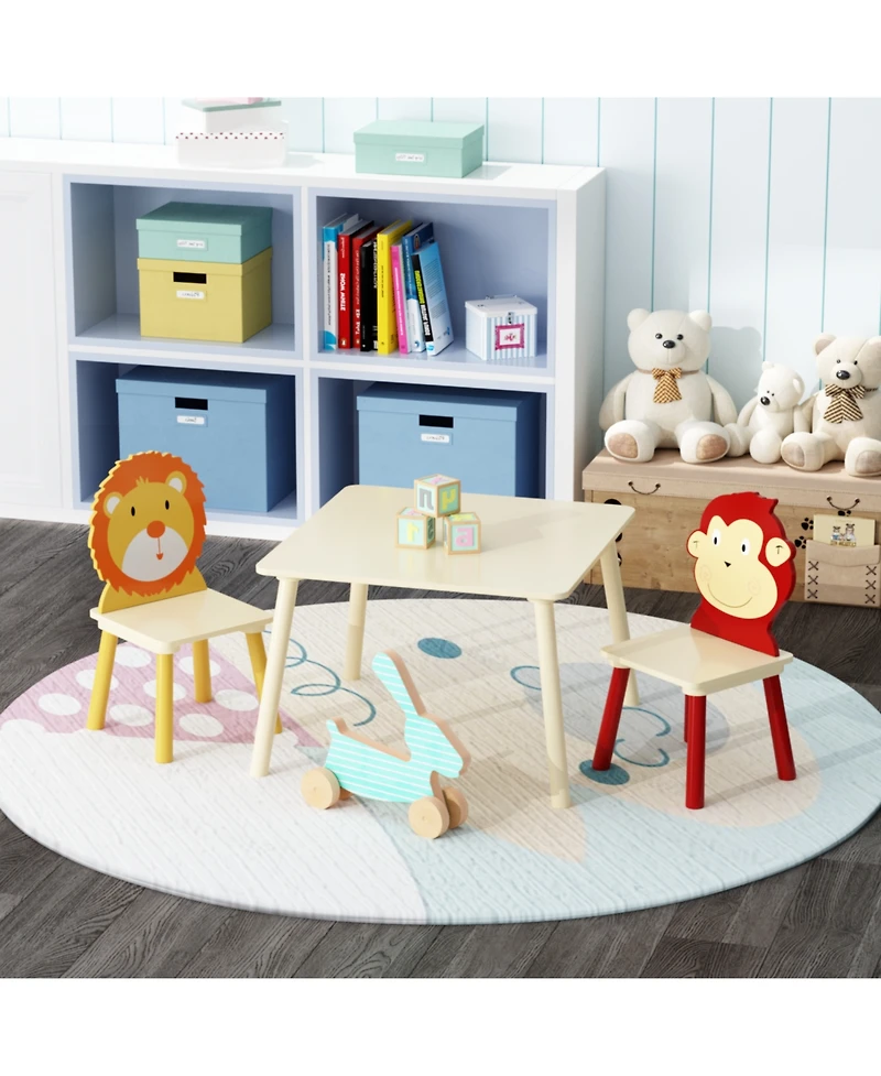 Rainsken 3 Piece Wood Table and Chair Set, w/ 2 LionandMonkey Animals Chairs, Wood Activity Tables Drawing Play Table Set, for Age 2-6 Boy Girl