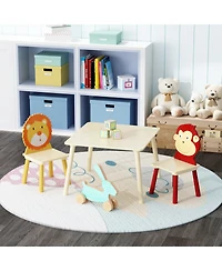 Rainsken 3 Piece Wood Table and Chair Set, w/ 2 LionandMonkey Animals Chairs, Wood Activity Tables Drawing Play Table Set, for Age 2-6 Boy Girl