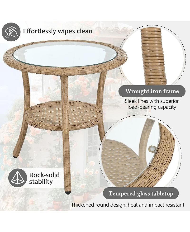 Rainsken 3 Pieces Rattan Bistro Set, Wicker Patio Chairs Set of 2 with Glass Round Table, Wicker Balcony Furniture for Porch, Backyard, Garden