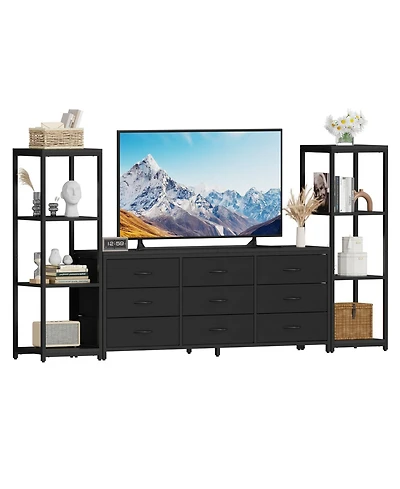 gaomon Tv Stand Dresser for Up to 75" Tv, 9 Fabric Drawers, 2 4-Tier Shelves, Wood Look