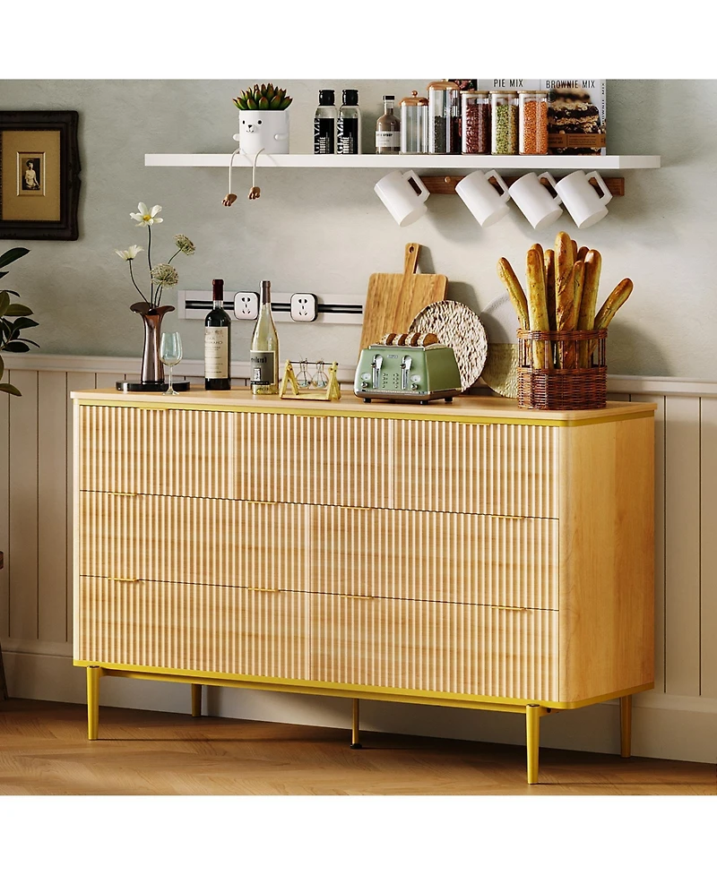 gaomon Bedroom 7-Drawer Dresser, 54in Wide Fluted Wood Chest with Curved Front, Gold Handles, Tv Stand Storage Cabinet.