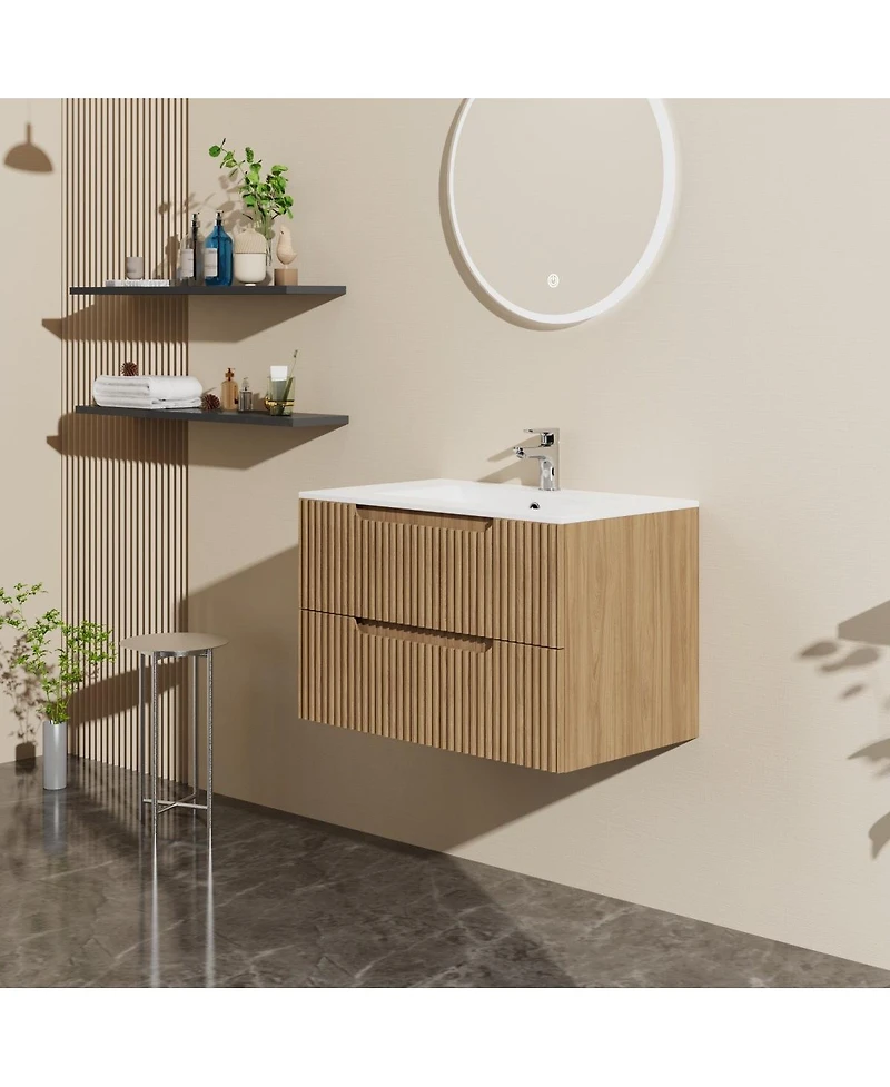 Sillysis Walnut Freestanding Bathroom Vanity with Sintered Stone Top, Ceramic Sink, Soft Close Storage, Stainless Steel Legs-Sillysis