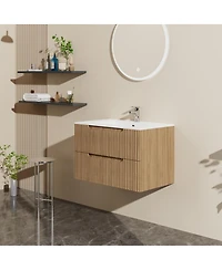 Sillysis Walnut Freestanding Bathroom Vanity with Sintered Stone Top, Ceramic Sink, Soft Close Storage, Stainless Steel Legs-Sillysis