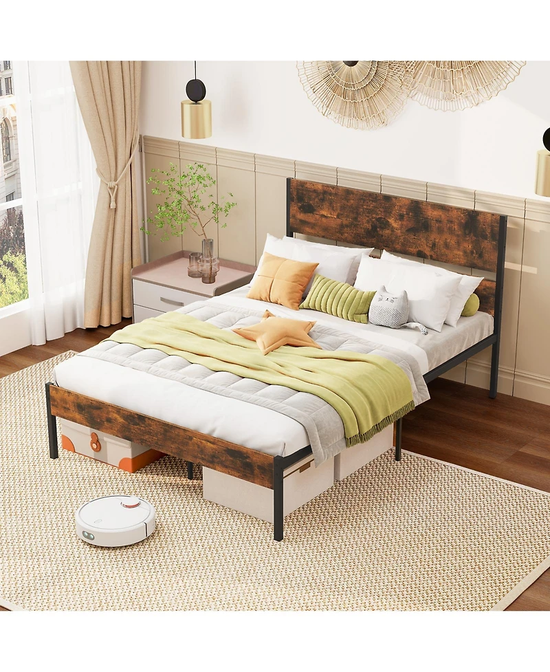 Sugift Full Size Metal Bed Frame with Wooden Headboard and Footboard