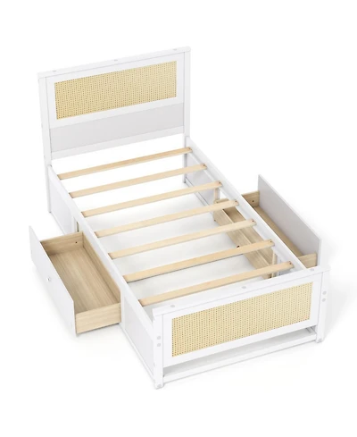 Gouun Twin Solid Wood Platform Bed Frame with Storage Drawers and Rattan Headboard