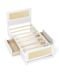 Gouun Twin Solid Wood Platform Bed Frame with Storage Drawers and Rattan Headboard