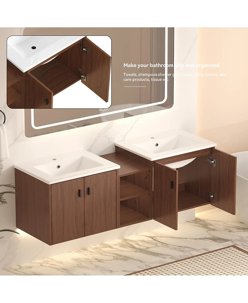 Sillysis 58 Inch Double Sink Wall Mounted Bathroom Vanity with Mdf Cabinet, Soft Close Doors and Storage Shelves, Modern Transitional Design-Sillysis